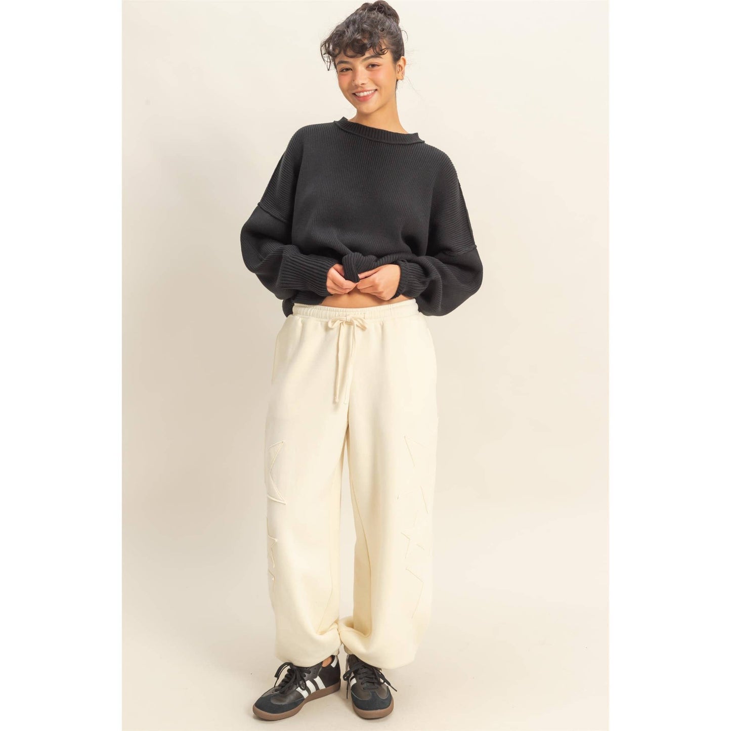 Star Patch Casual Drawstring Jogger Pants: DUSTY NAVY / S-M-L(2-2-2)