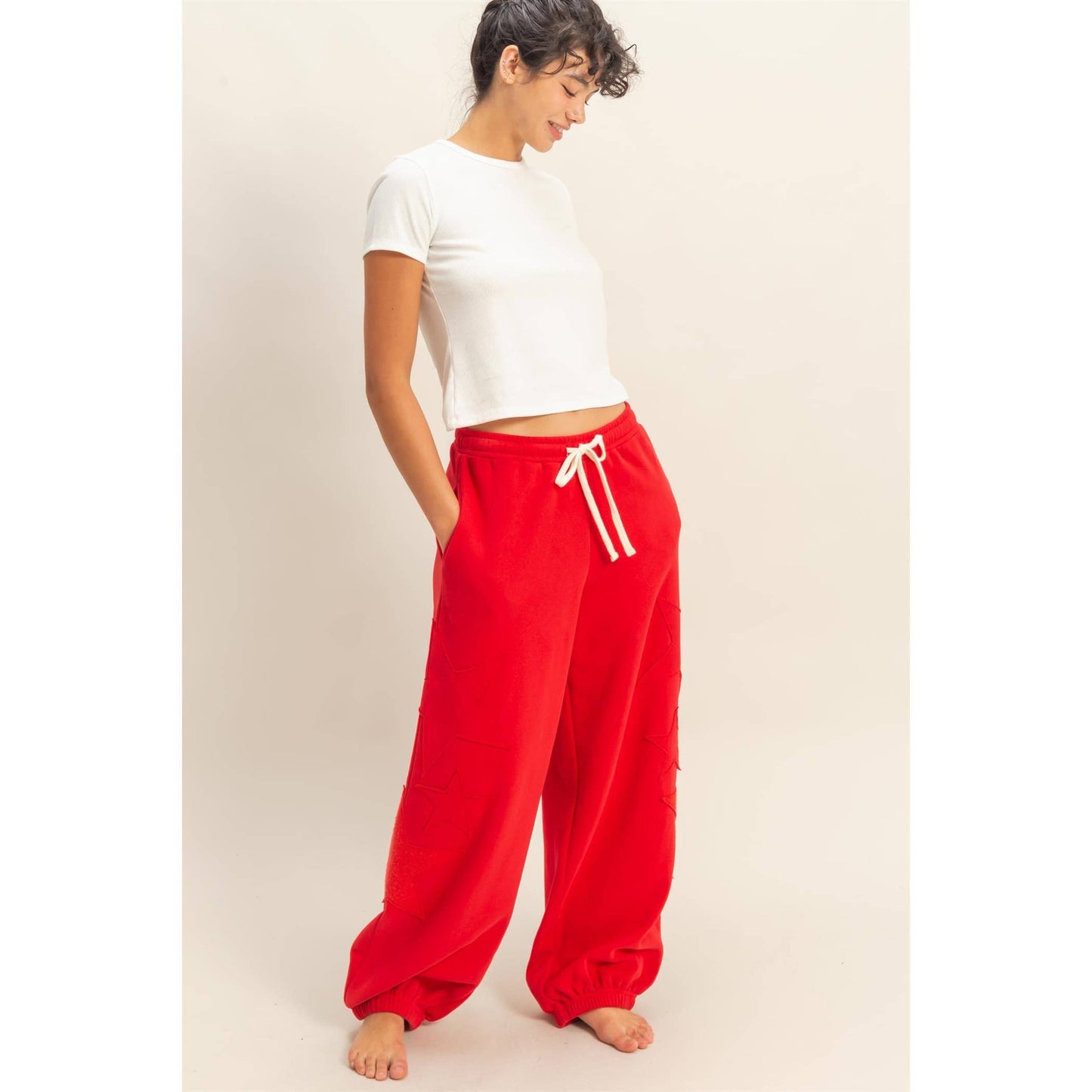 Star Patch Casual Drawstring Jogger Pants: DUSTY NAVY / S-M-L(2-2-2)