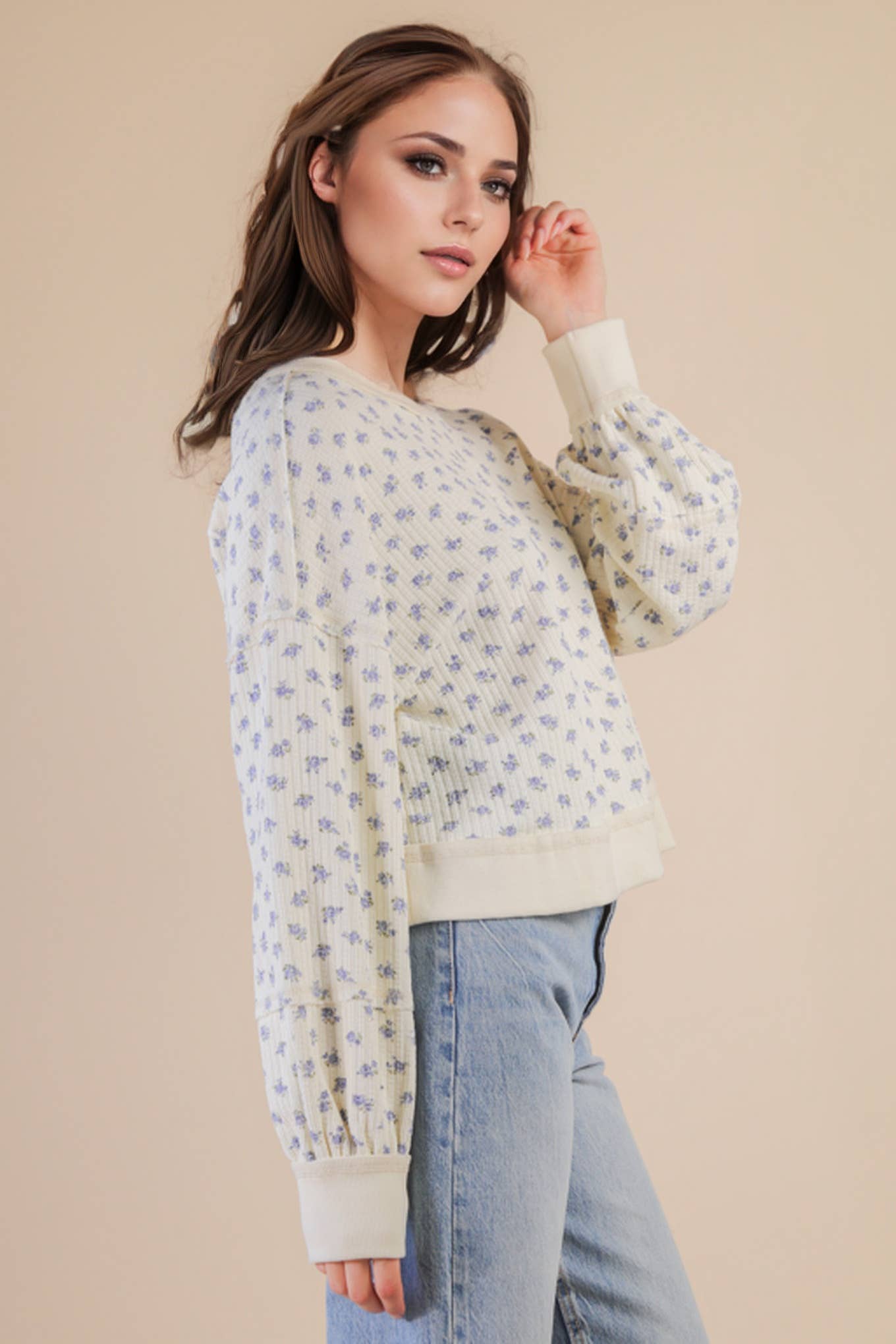 NT12289-Oversized Floral Printed Casual Knit Top: CREAM FLORAL / S-M-L/2-2-2