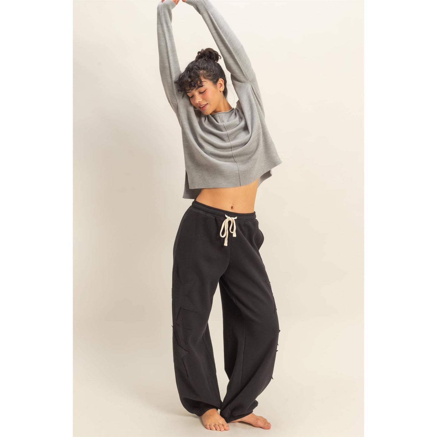 Star Patch Casual Drawstring Jogger Pants: DUSTY NAVY / S-M-L(2-2-2)
