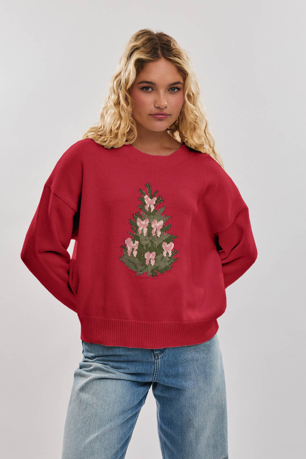 LONG SLEEVE CREW NECK CHRISTMAS TREE SWEATER: Black / M