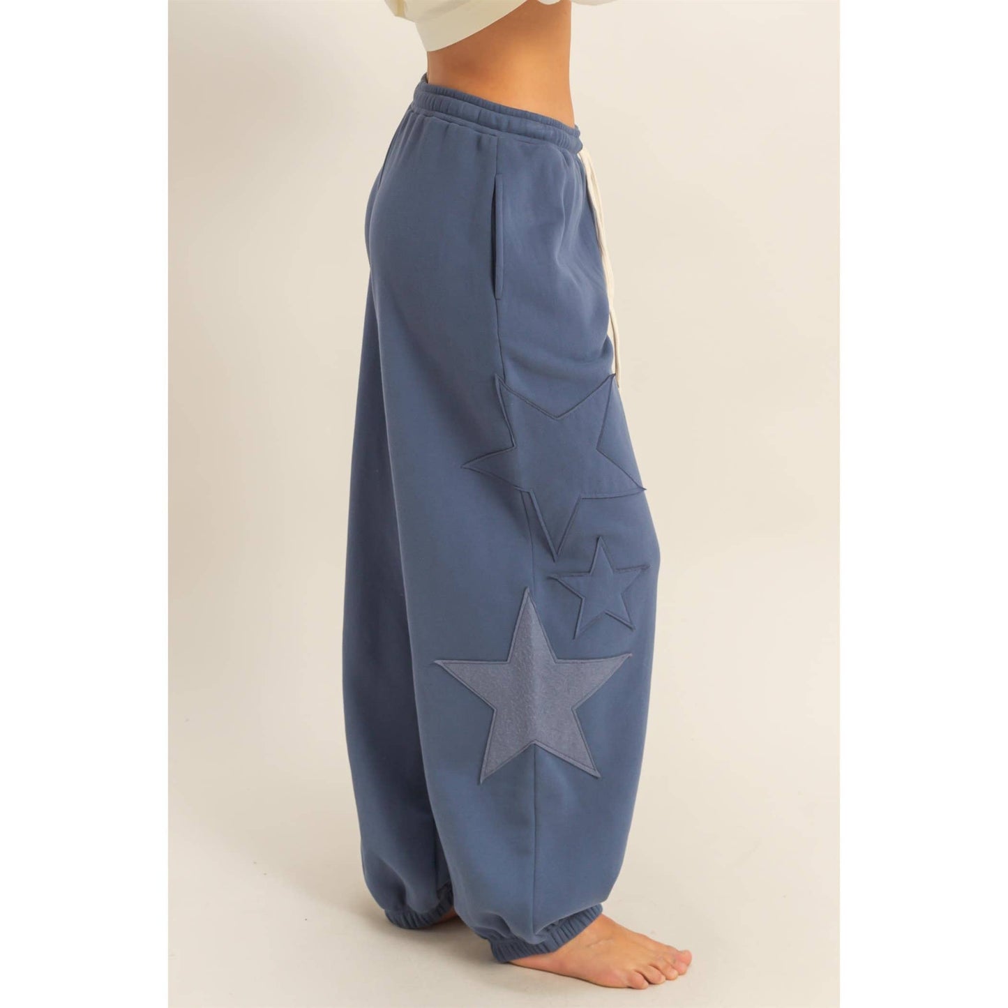 Star Patch Casual Drawstring Jogger Pants: DUSTY NAVY / S-M-L(2-2-2)