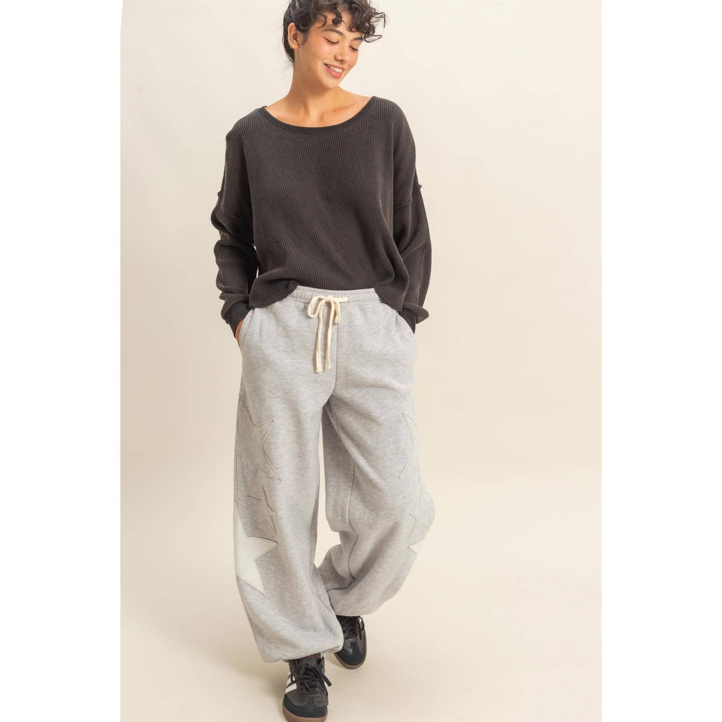 Star Patch Casual Drawstring Jogger Pants: DUSTY NAVY / S-M-L(2-2-2)