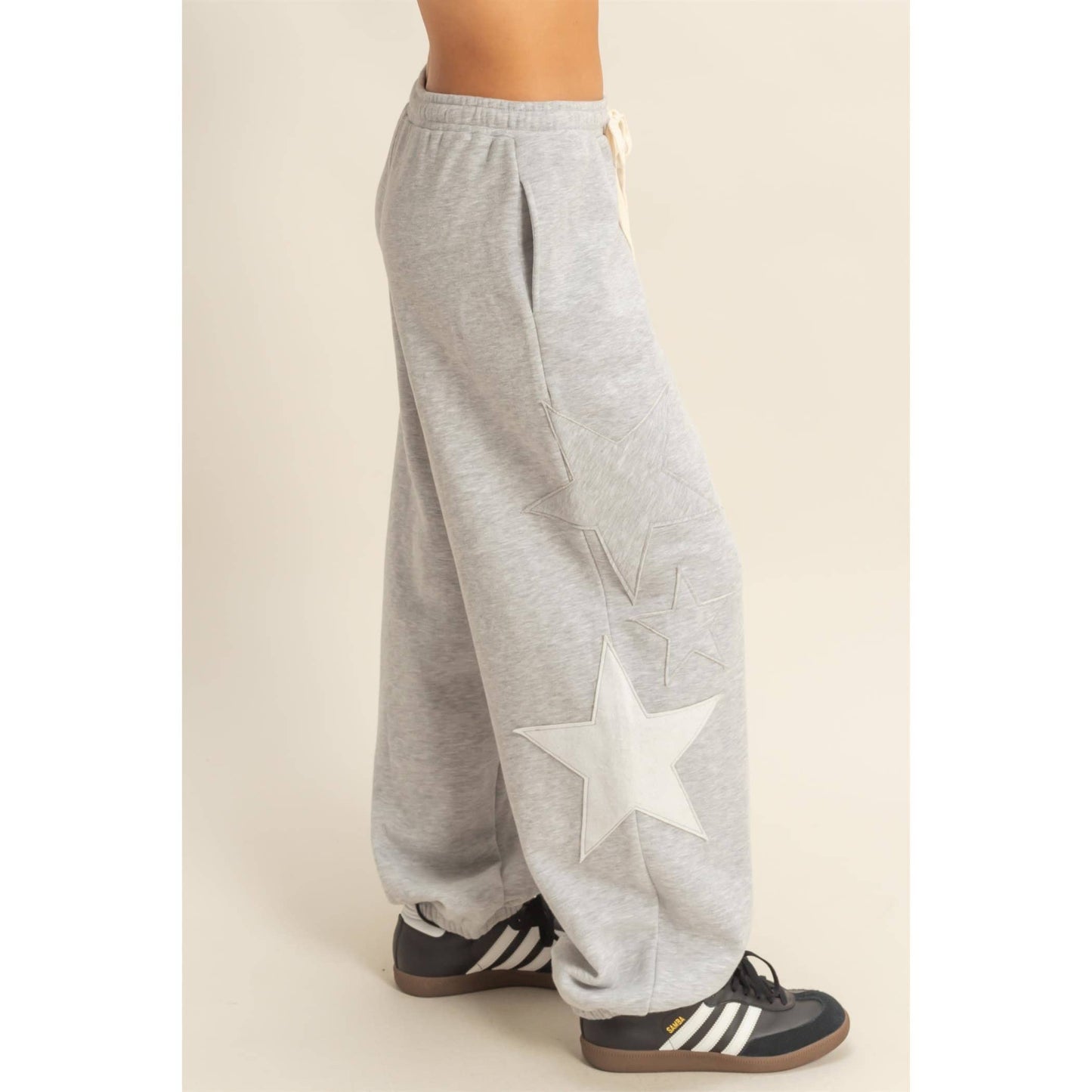 Star Patch Casual Drawstring Jogger Pants: DUSTY NAVY / S-M-L(2-2-2)