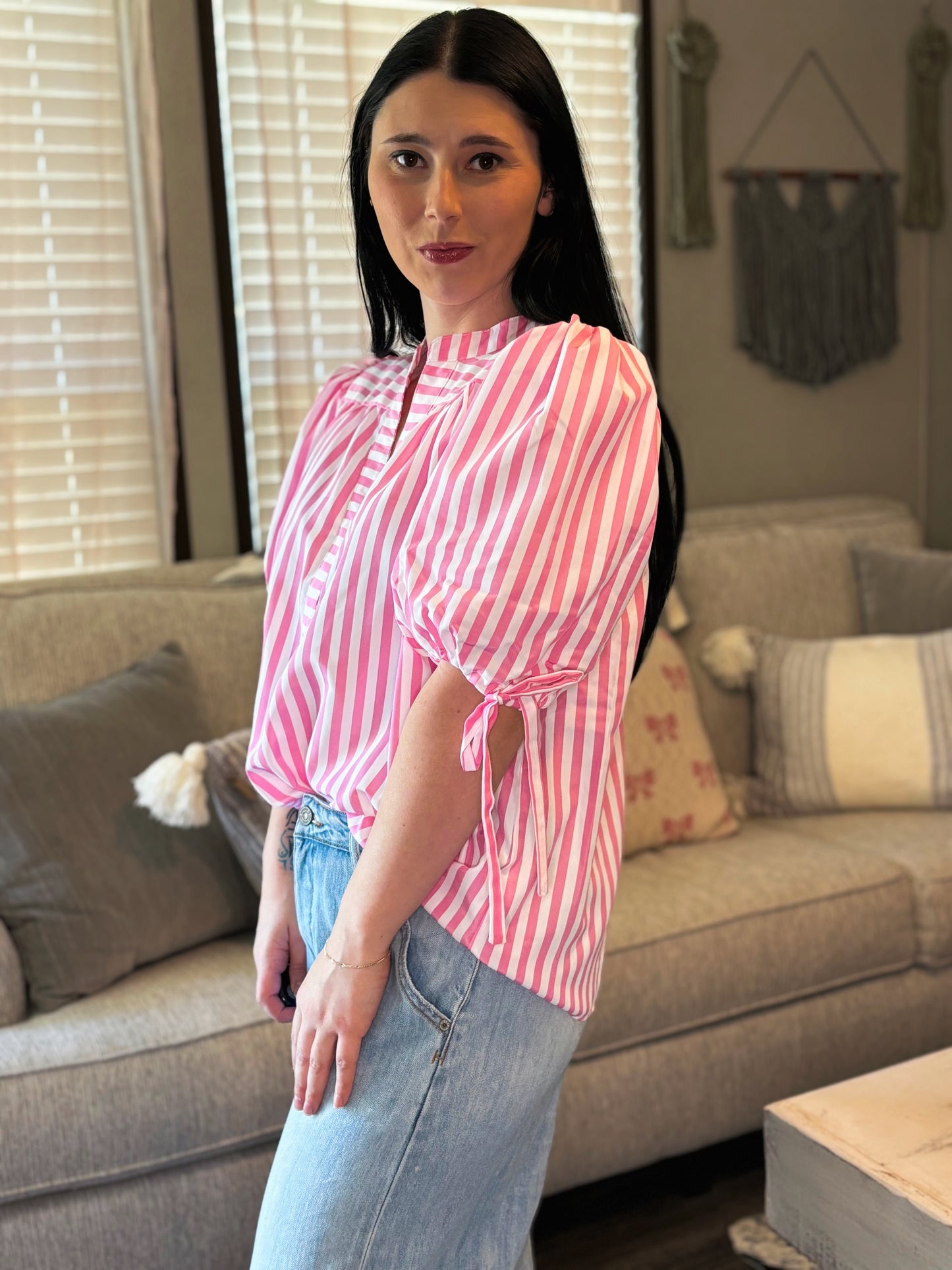 COURTS STRIPE BUBBLE SLEEVE TOP