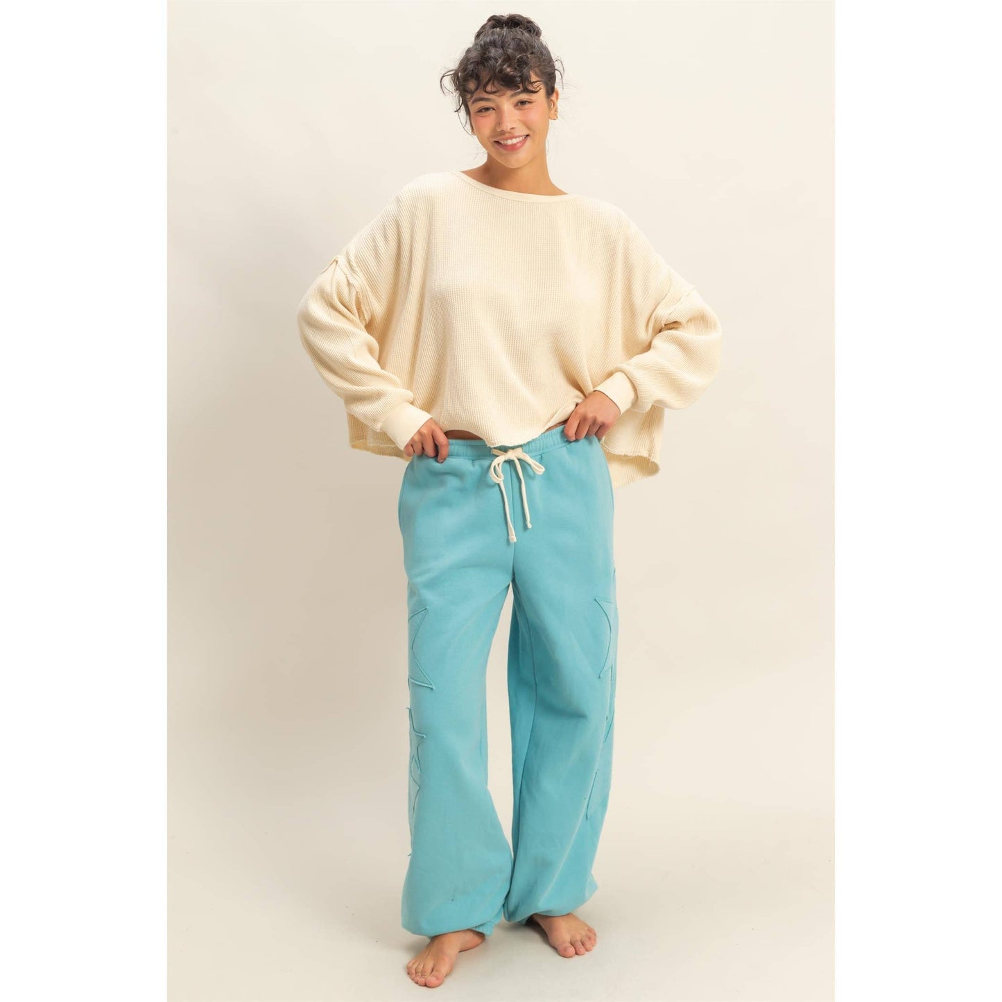 Star Patch Casual Drawstring Jogger Pants: DUSTY NAVY / S-M-L(2-2-2)
