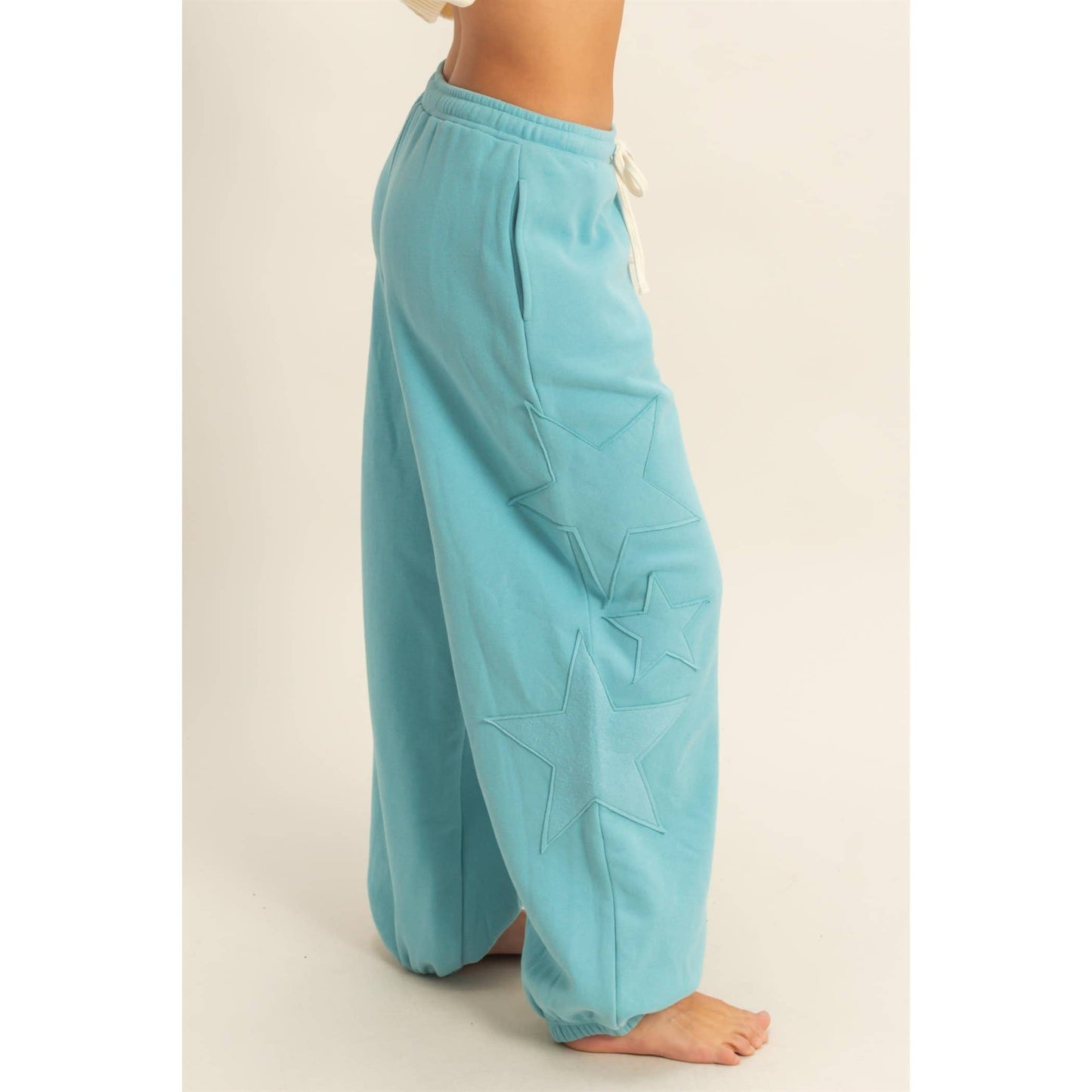 Star Patch Casual Drawstring Jogger Pants: DUSTY NAVY / S-M-L(2-2-2)