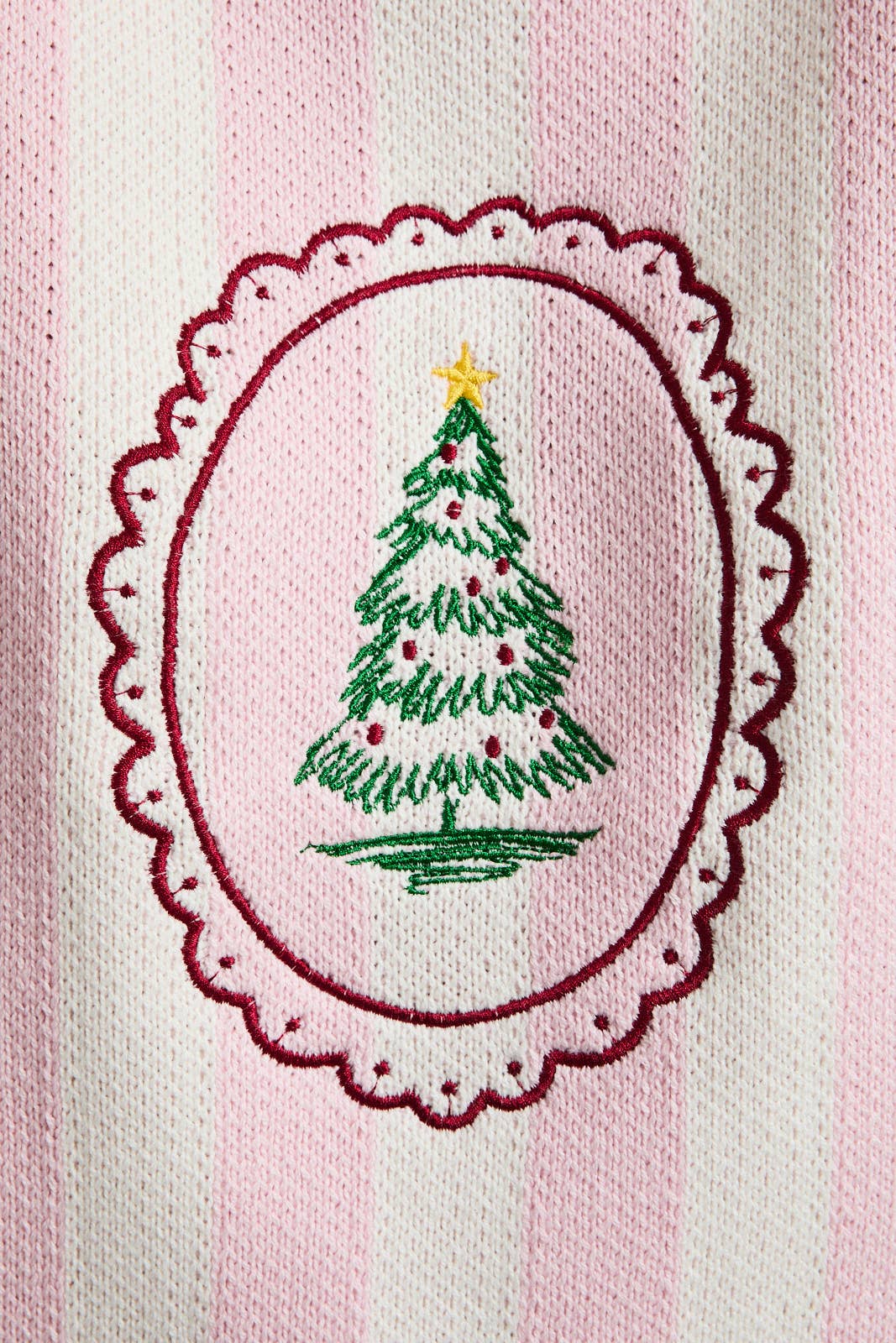 STRIPE KNIT SWEATER TOP WITH TREE EMBROIDERY: LT PINK-WHITE STRIPE / L