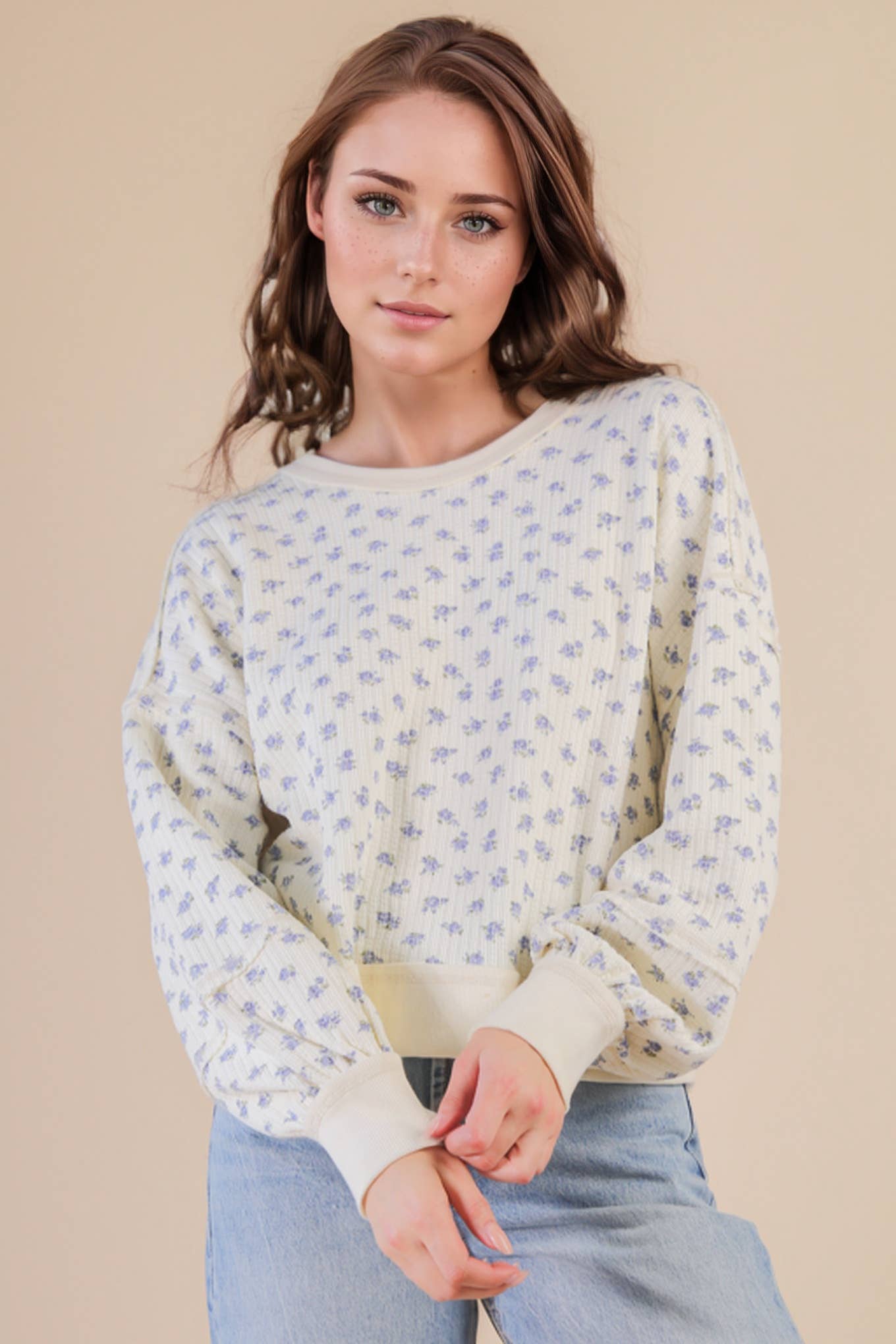NT12289-Oversized Floral Printed Casual Knit Top: CREAM FLORAL / S-M-L/2-2-2