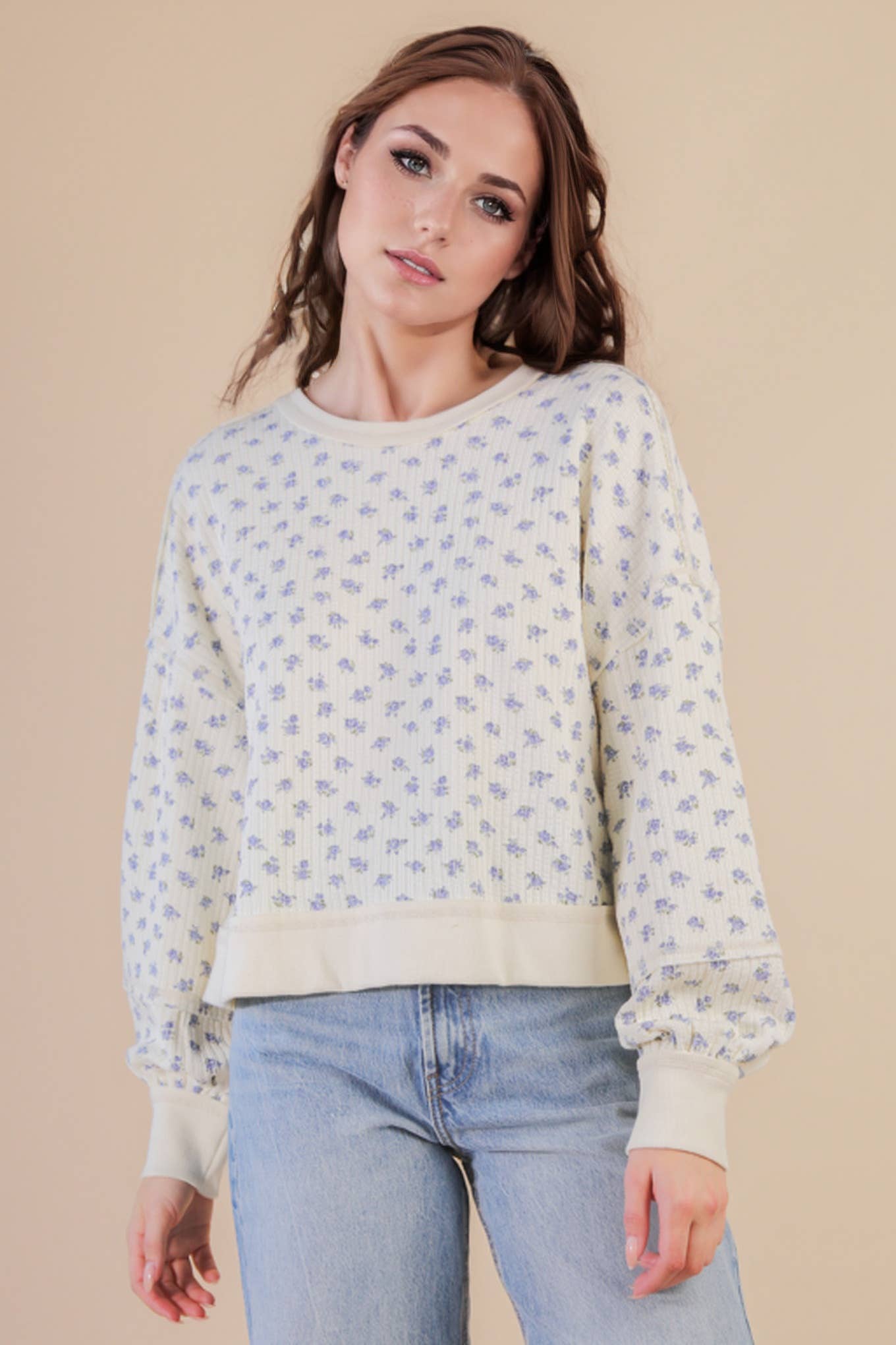 NT12289-Oversized Floral Printed Casual Knit Top: CREAM FLORAL / S-M-L/2-2-2