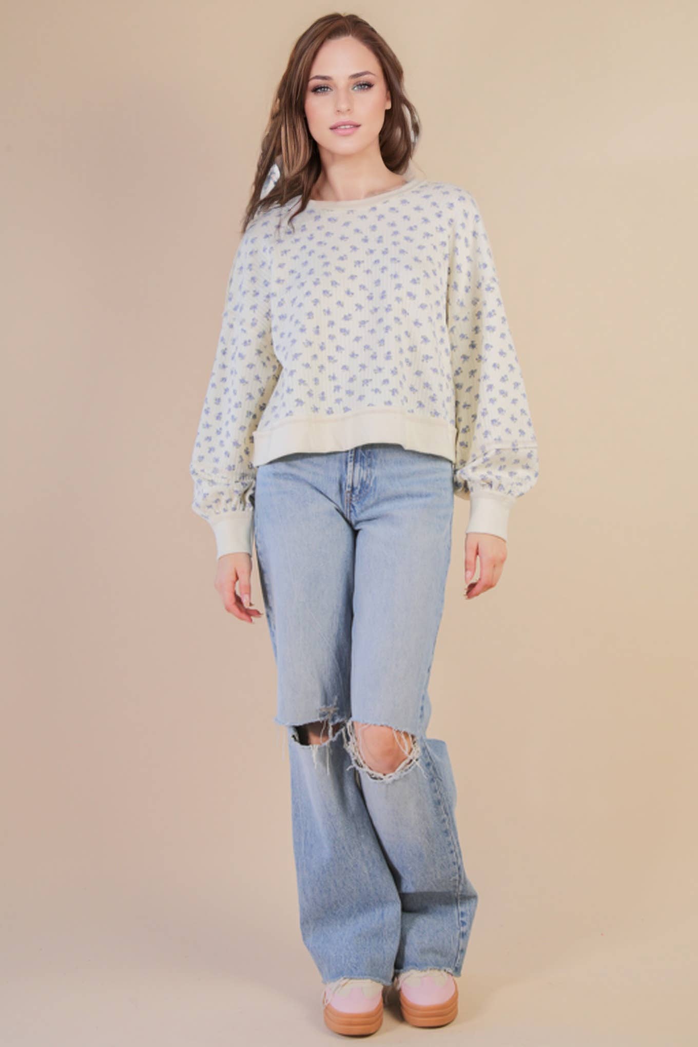 NT12289-Oversized Floral Printed Casual Knit Top: CREAM FLORAL / S-M-L/2-2-2