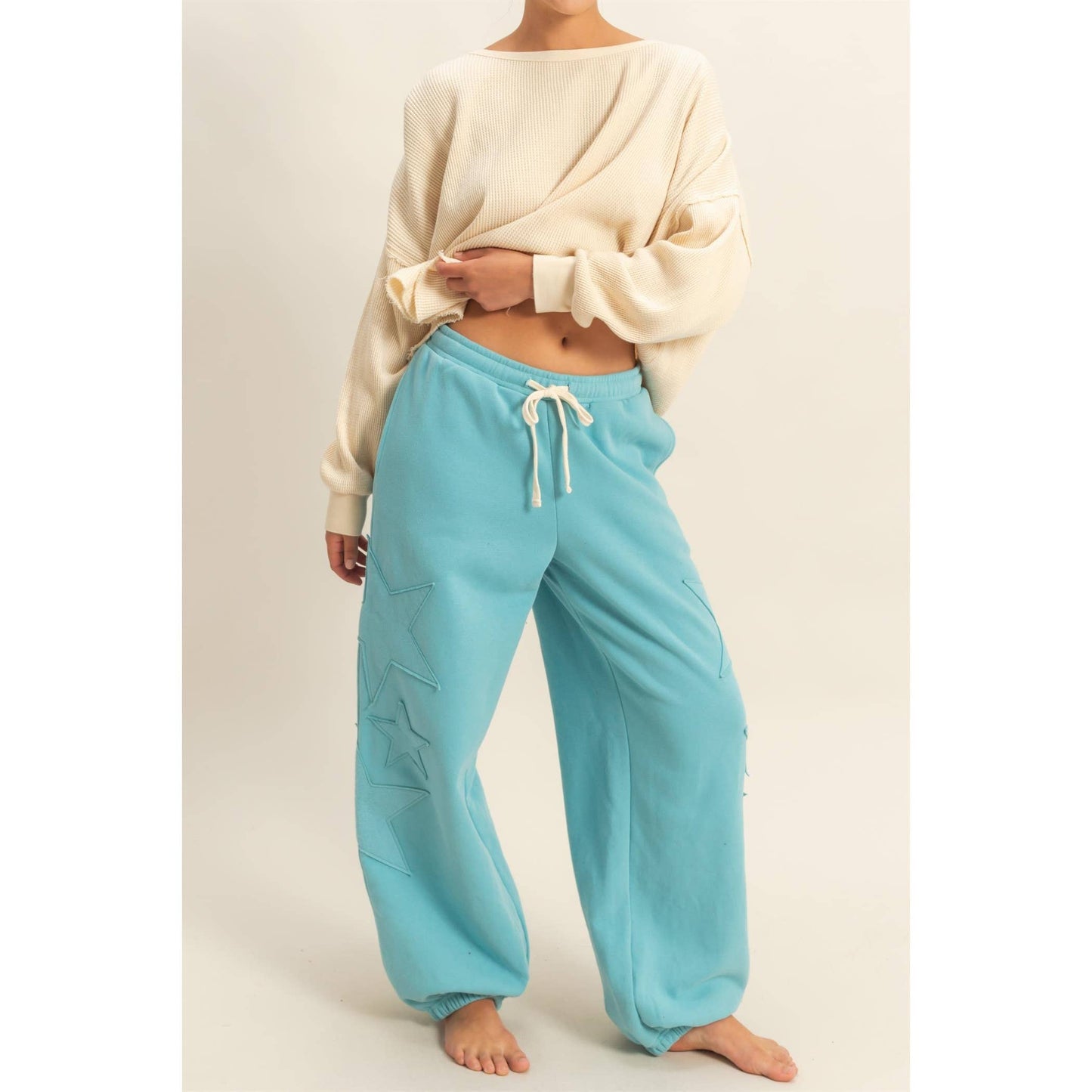 Star Patch Casual Drawstring Jogger Pants: DUSTY NAVY / S-M-L(2-2-2)