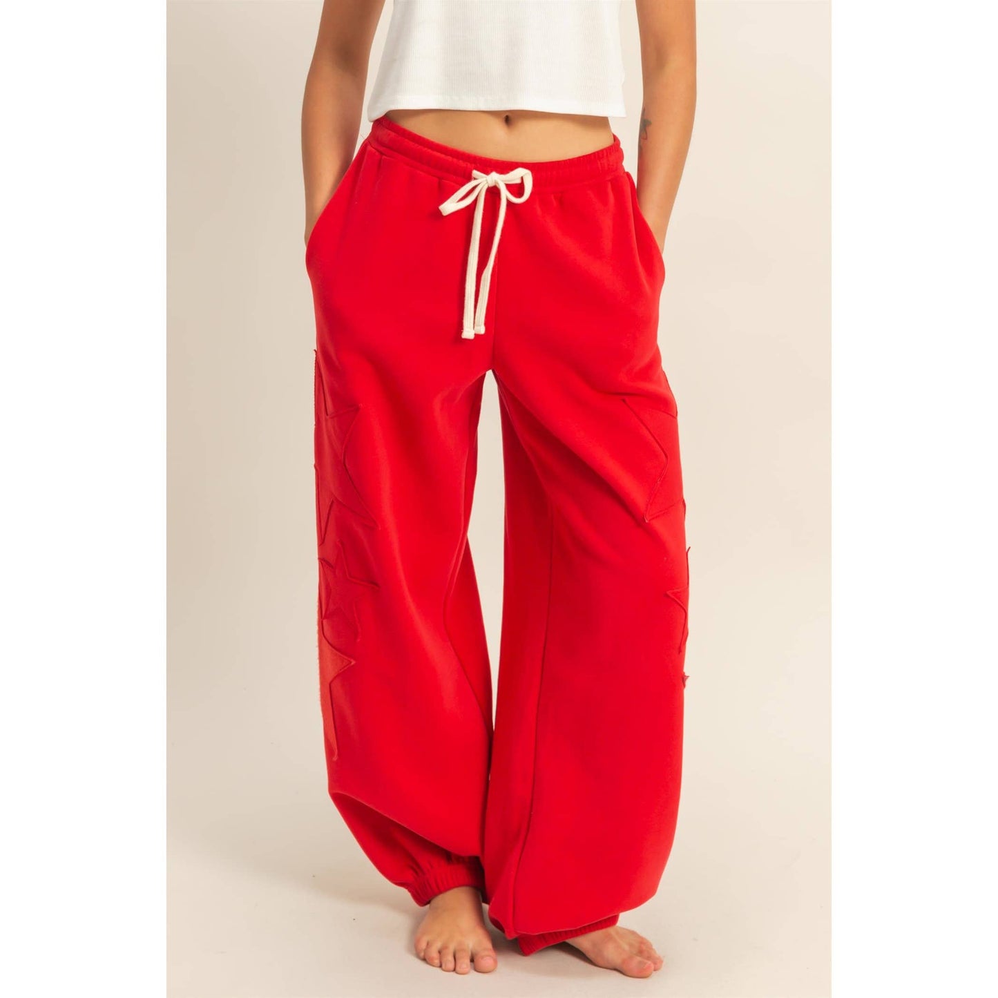 Star Patch Casual Drawstring Jogger Pants: DUSTY NAVY / S-M-L(2-2-2)