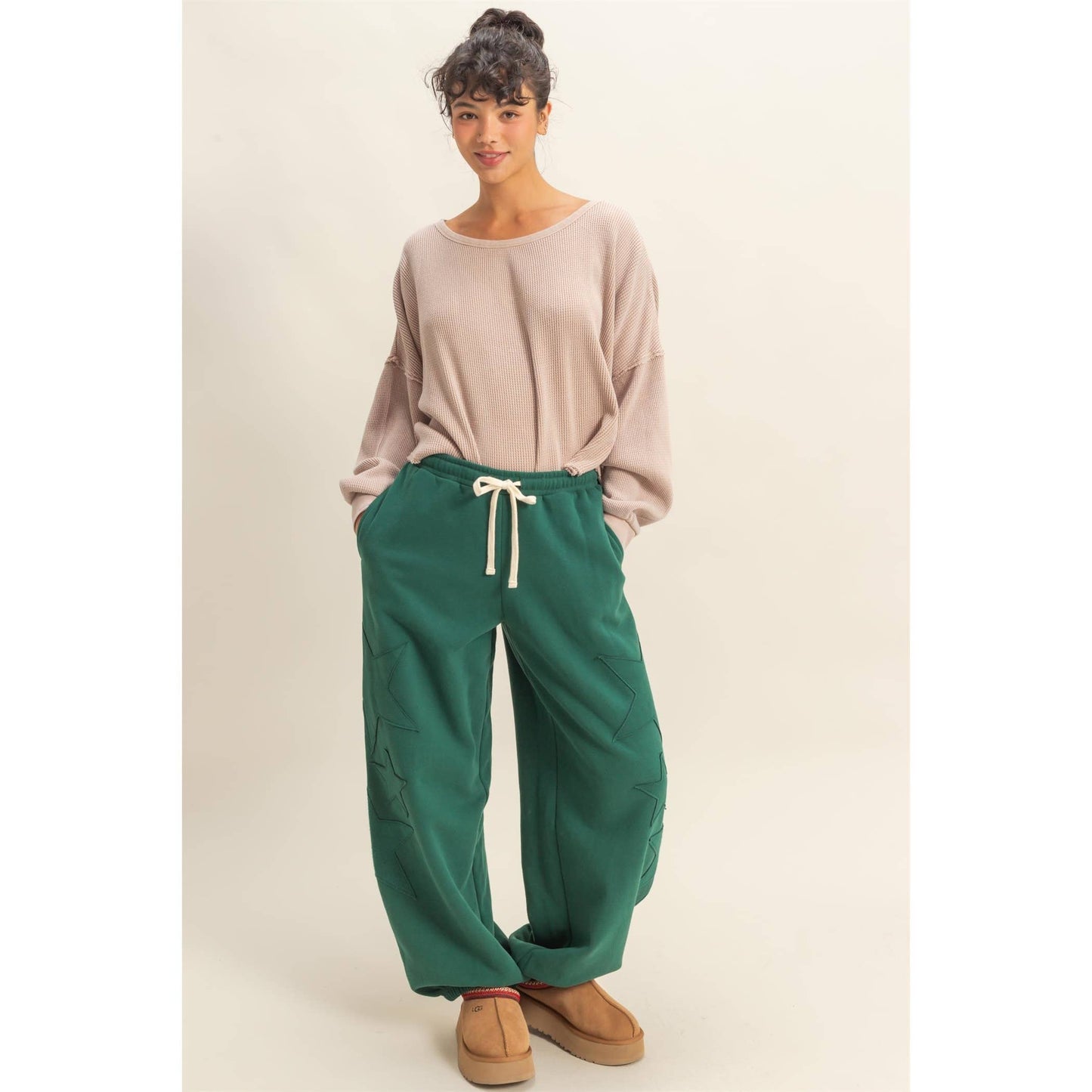 Star Patch Casual Drawstring Jogger Pants: DUSTY NAVY / S-M-L(2-2-2)