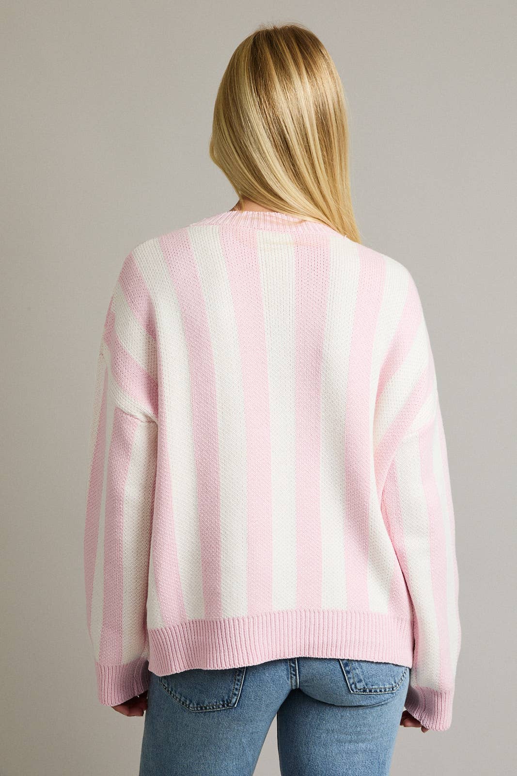STRIPE KNIT SWEATER TOP WITH TREE EMBROIDERY: LT PINK-WHITE STRIPE / L