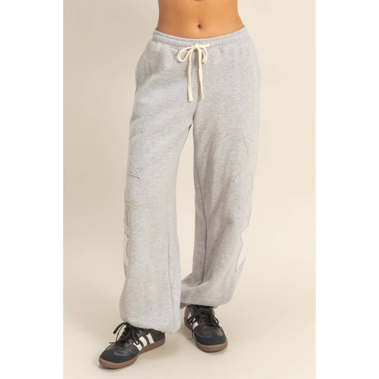 Star Patch Casual Drawstring Jogger Pants: DUSTY NAVY / S-M-L(2-2-2)