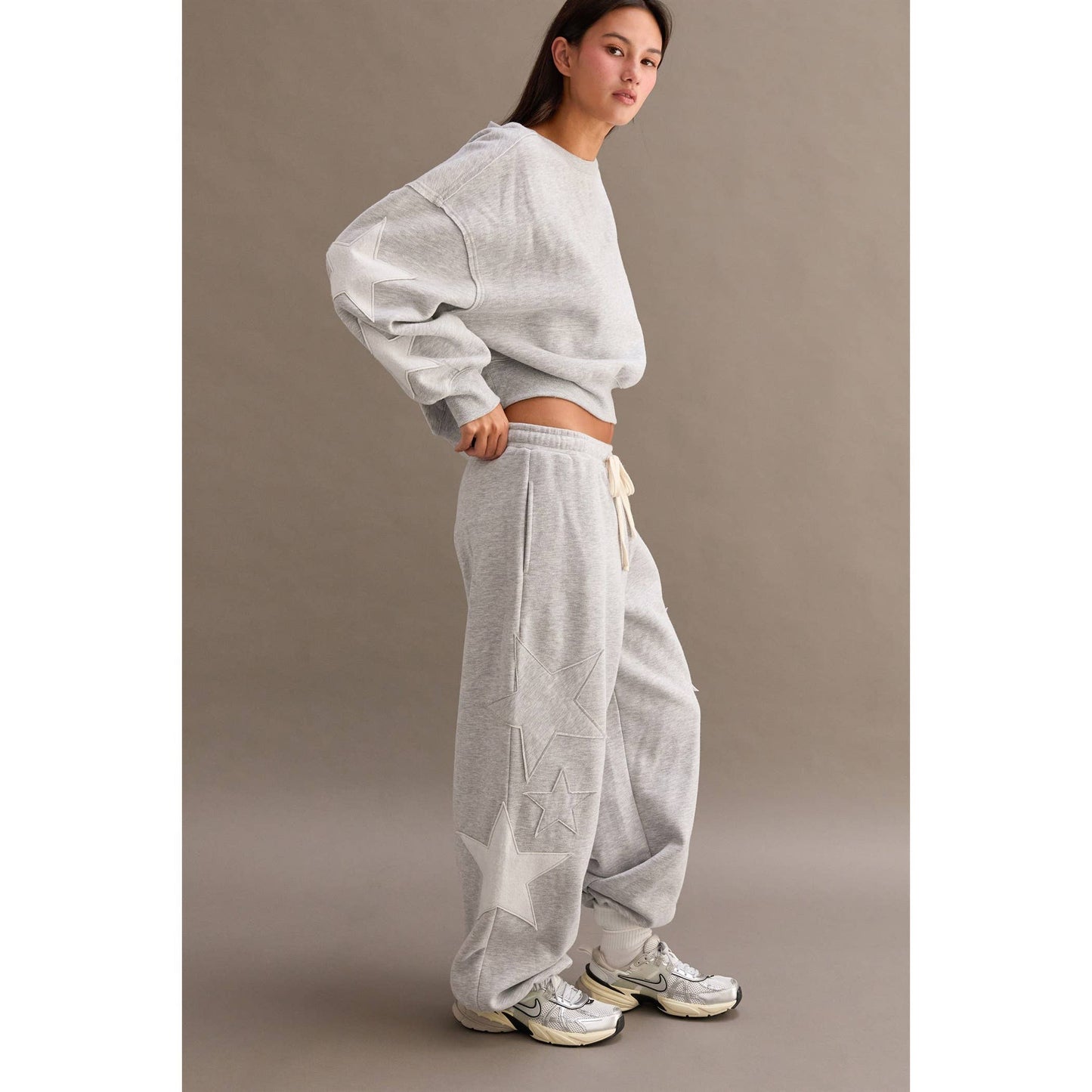 Star Patch Casual Drawstring Jogger Pants: DUSTY NAVY / S-M-L(2-2-2)