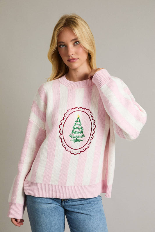 STRIPE KNIT SWEATER TOP WITH TREE EMBROIDERY: LT PINK-WHITE STRIPE / XS