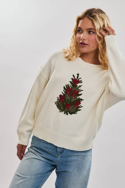 LONG SLEEVE CREW NECK CHRISTMAS TREE SWEATER: Black / M