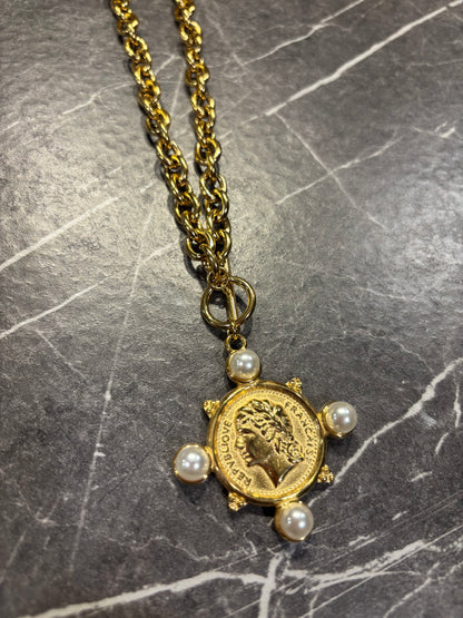 Gold And Pearl Coin Necklace