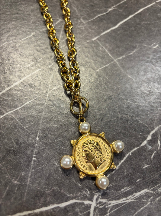 Gold And Pearl Coin Necklace