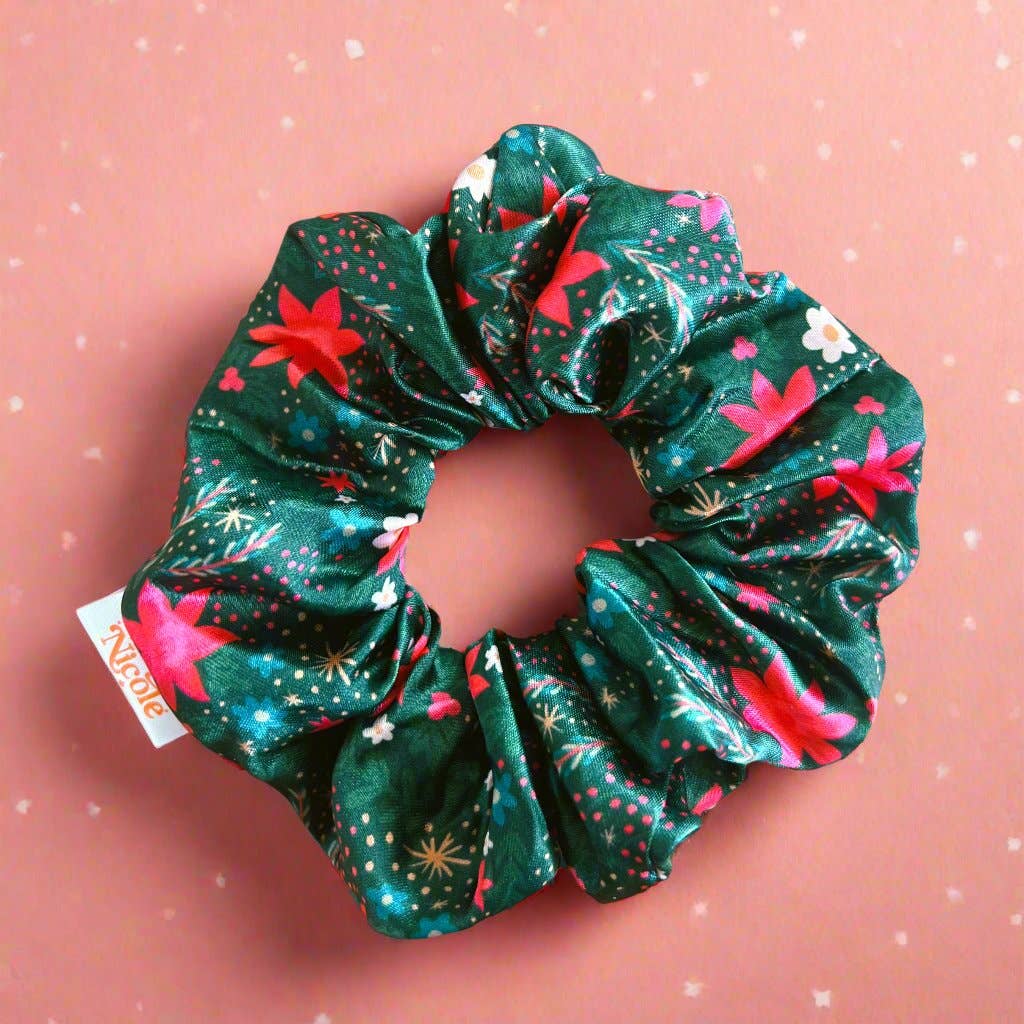 Satin Scrunchie - Holiday Poinsettia Print