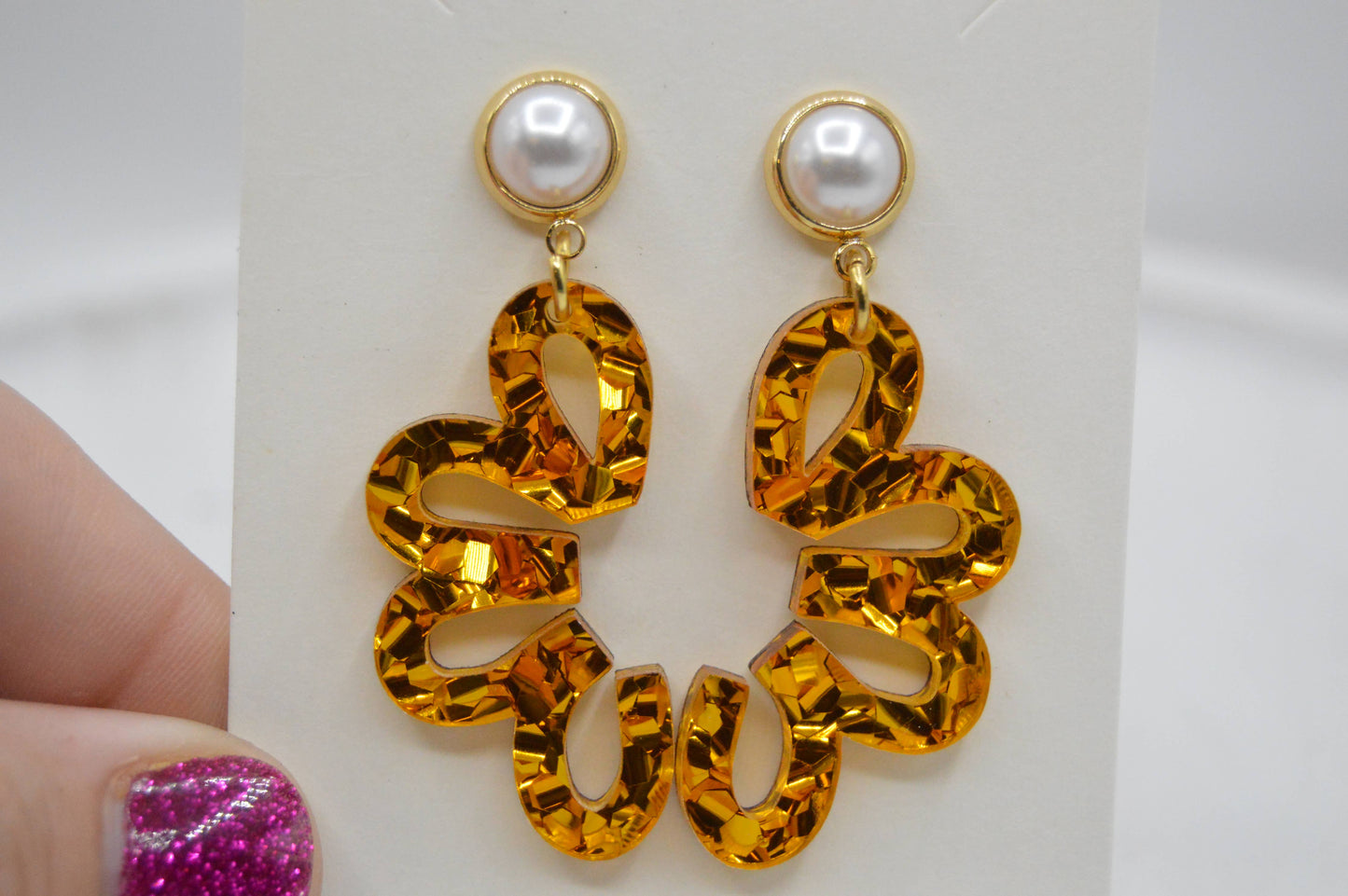 Elegant Acrylic Earrings, Classy, Pearl, Gold, Glitter