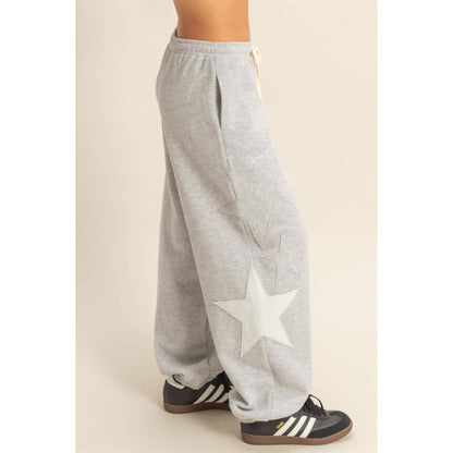 Star Patch Casual Drawstring Jogger Pants: DUSTY NAVY / S-M-L(2-2-2)