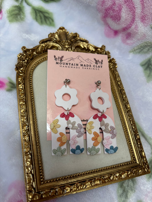 Light Neutral Flower Arch Earrings: Silver Ball Studs