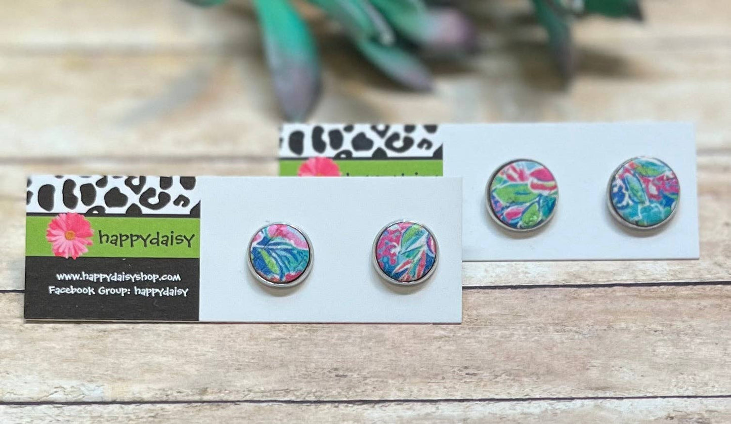 Vibrant Floral Print Cork on Leather Stud Earrings in Pinks, Blues, and Greens: 10 mm