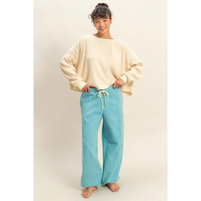 Star Patch Casual Drawstring Jogger Pants: DUSTY NAVY / S-M-L(2-2-2)