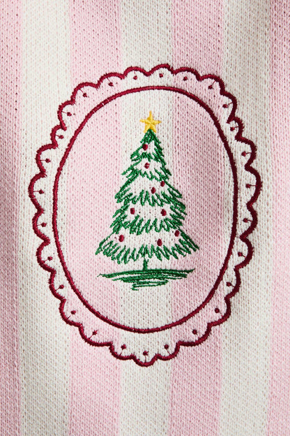 STRIPE KNIT SWEATER TOP WITH TREE EMBROIDERY: LT PINK-WHITE STRIPE / S