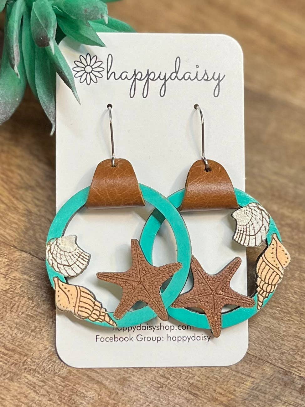 Beach Shell Turquoise Wood Hoops Earrings