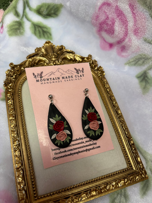Black Teardrop Floral Clay Earrings: Silver Ball Studs