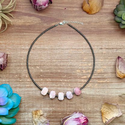 Pink Opal & 3mm Sterling Silver Pearl Necklace