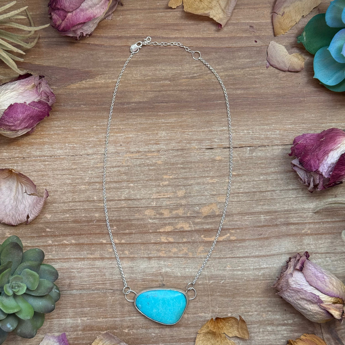 Sterling Silver Chain Necklace with Freeform Turquoise Pendant – 16”
