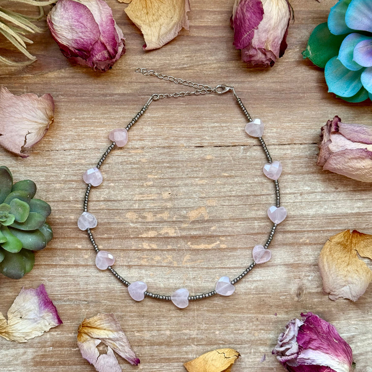 Rose Quartz Heart Seed Bead Choker