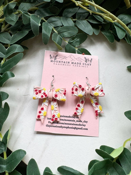 Floral Bow Earrings: Pink / Gold Ball Studs