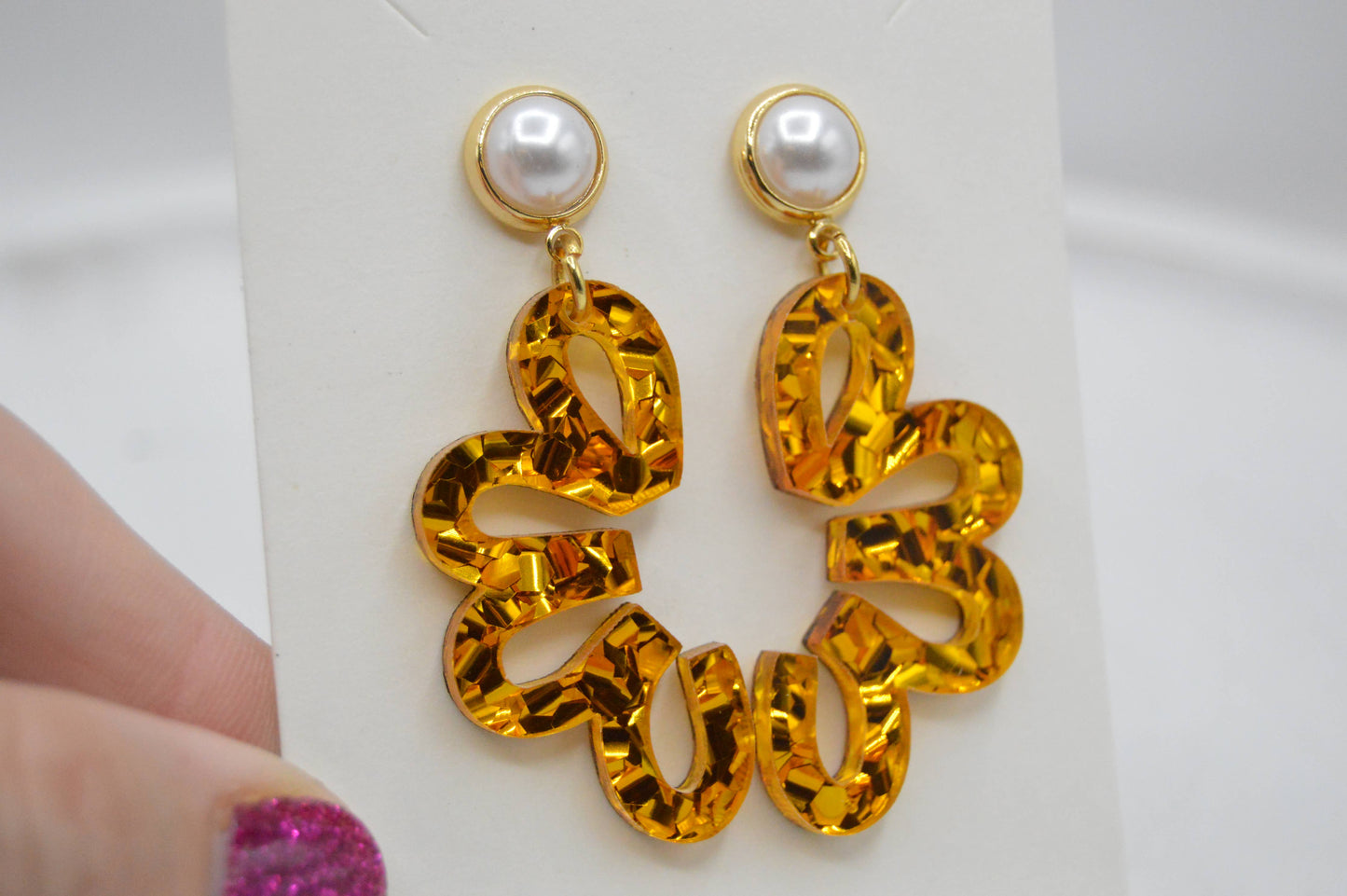 Elegant Acrylic Earrings, Classy, Pearl, Gold, Glitter