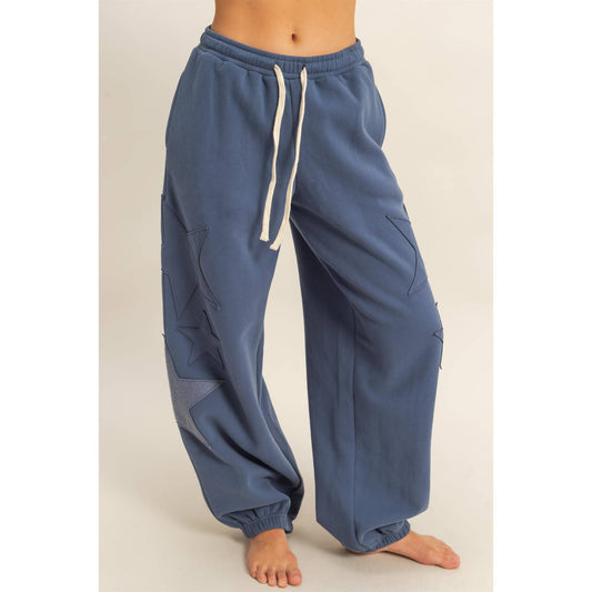 Star Patch Casual Drawstring Jogger Pants: DUSTY NAVY / S-M-L(2-2-2)