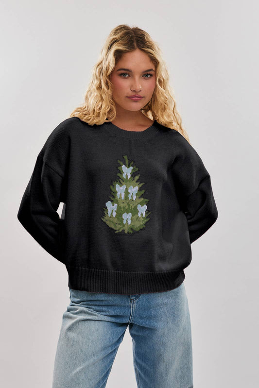 LONG SLEEVE CREW NECK CHRISTMAS TREE SWEATER: Black / S