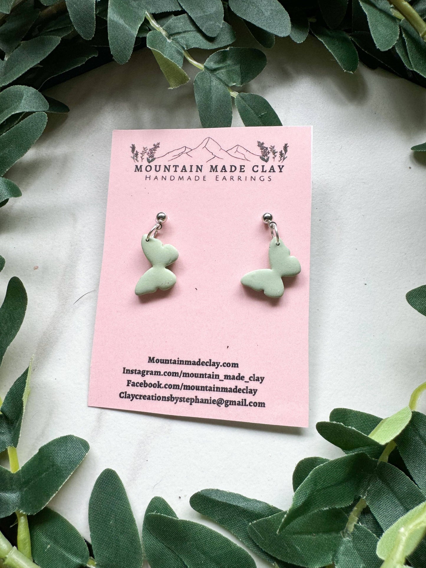 Small Butterfly Clay Earrings: Green / Silver Ball Studs